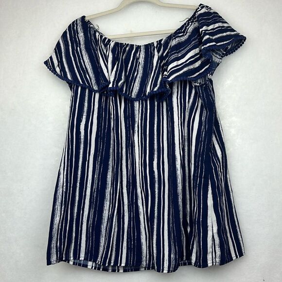 Faded Glory Tops - FADED GLORY Women's Navy & White Elastic Scoop Neck Ruffle Top Size XL